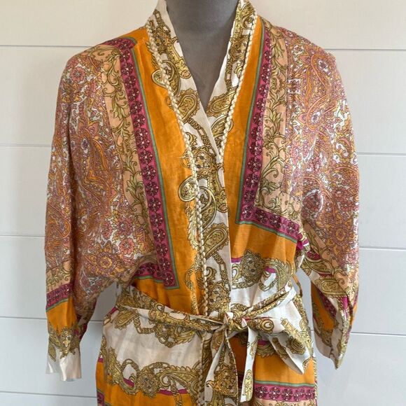 Magaschoni 100% Linen Orange Yellow Wrap Midi Dress, Size Small - Picture 2 of 12